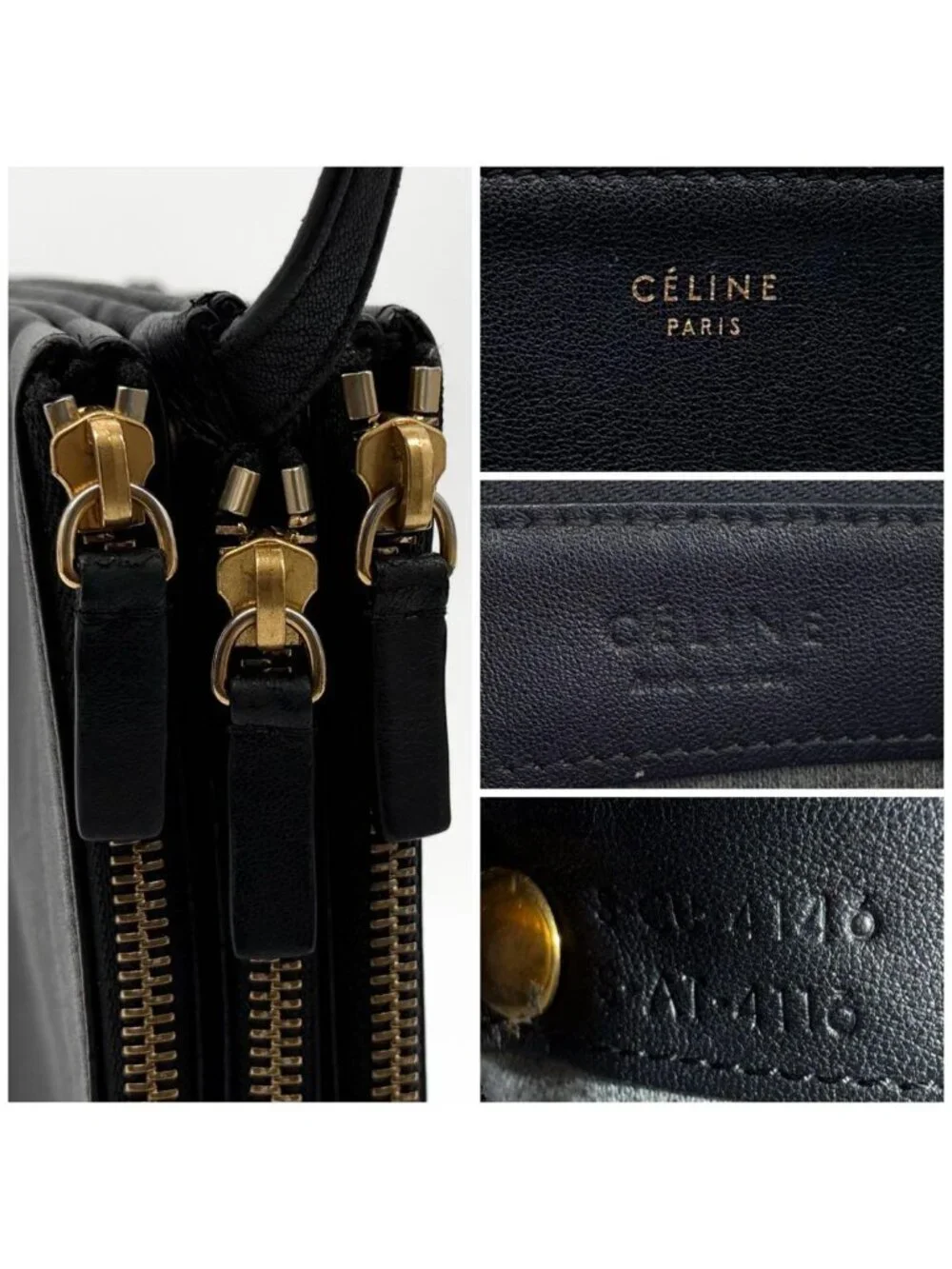 Celine Trio Large Shoulder Bag Black Leather Clutch